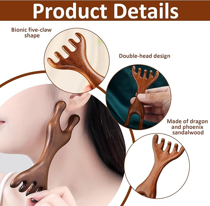 2 Pcs Jaw Massager,Sandalwood Massage Claws,Five Touch Therapy Comb,Wooden Comb,Taichi Tools,Manual Head Scratcher Whisk,Massage Brush for Head Face Eye Nose Jaw and Neck