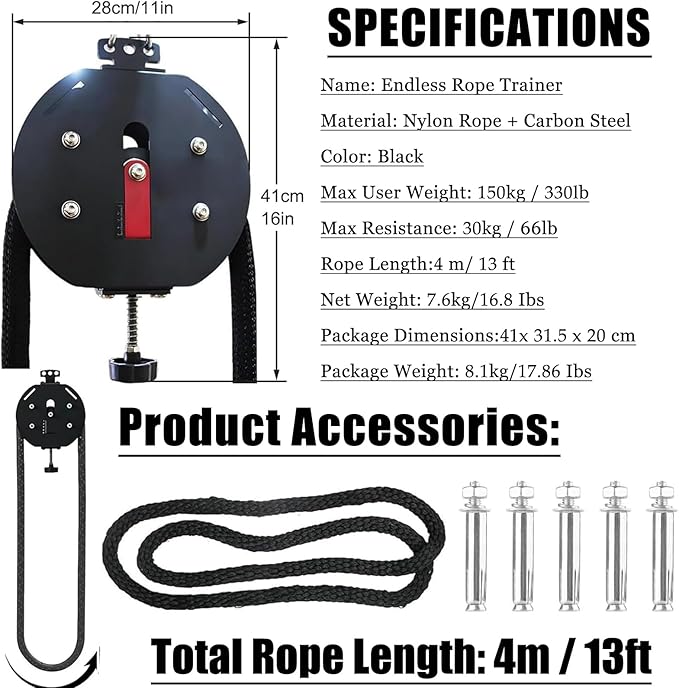 Endless Rope Trainer | Adjustable Resistance Trainer Machine | Suspension Portable Cable Pulley System | Closed-Loop Nylon Rope | Home Gym Pulley System for Interval Resistance Training