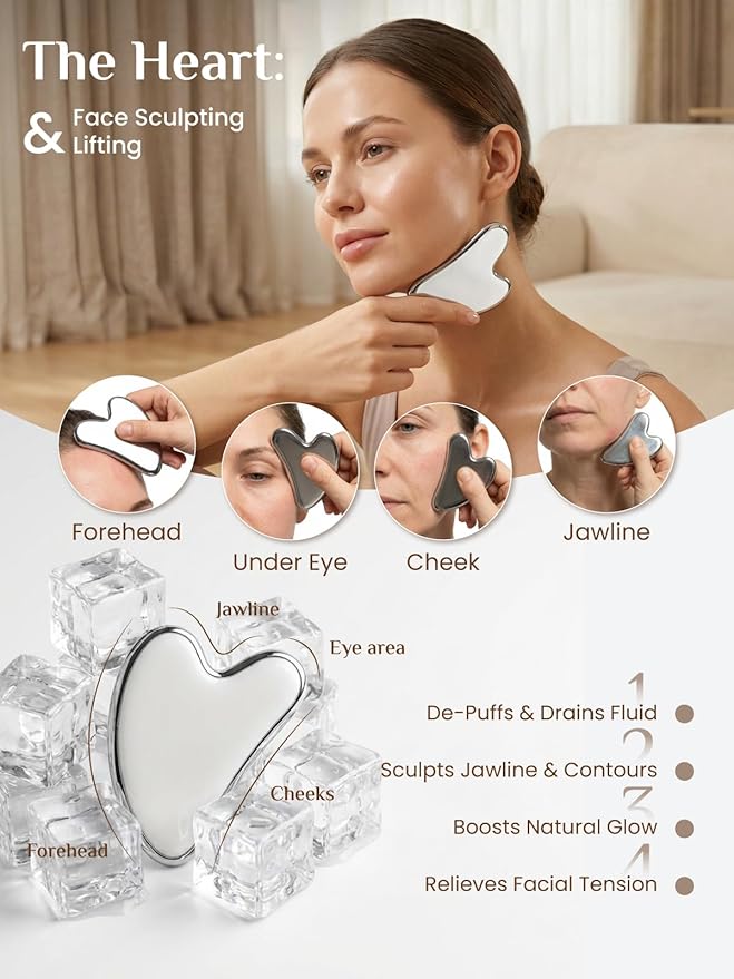 Rena Chris Gua Sha & Muscle Scraper Tool, Stainless Steel Face & Body Gua Sha Set for Lymphatic Drainage & Deep Tissue Massage, Travel Pouch & Guide Included (2-Piece Kit)