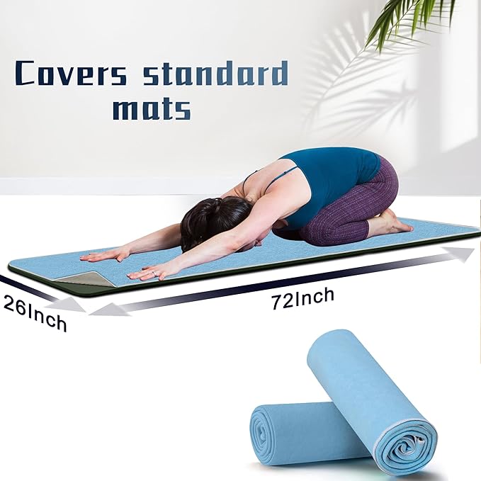 Hot Yoga Towel Non-Slip, 2 Pack Thick & Soft Yoga Mat Towel, Sweat Absorbent, with Grip Dot, 72" x 26", Yoga Towel for Hot Yoga, Pilates, Fitness and Gym Workouts, Sky Blue