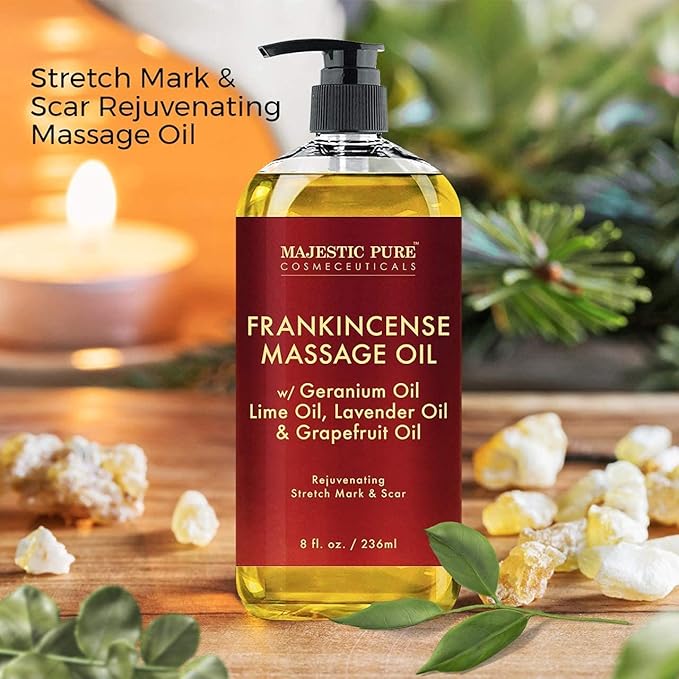 Majestic Pure Sore Muscle Massage Oil and Frankincense Massage Oil Bundle – 8 fl oz Each