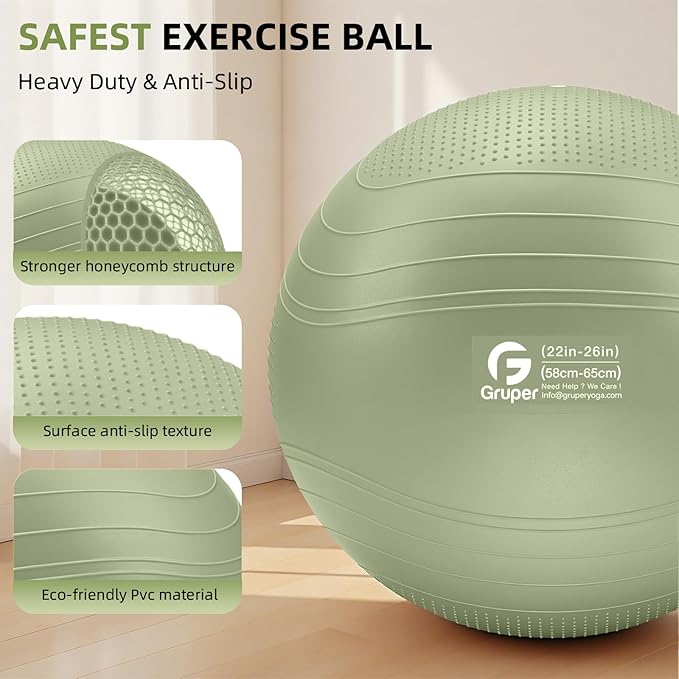 Gruper Yoga Ball, Extra Thick Non Slip Exercise Ball for Workout, Birthing, Balance, Stability, Pregnancy, 4 Sizes Anti Burst Chair for Home and Office, Includes Quick Pump & Fitness Guide