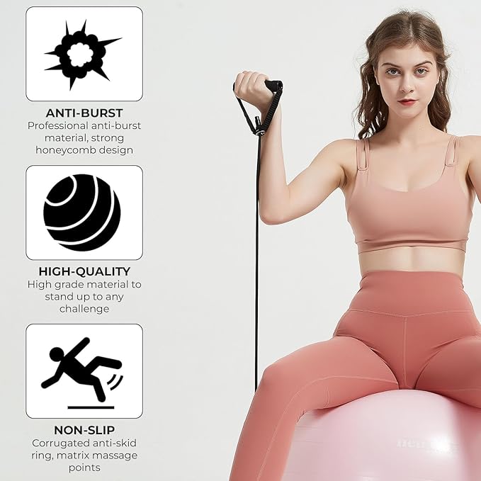 Yoga Ball Chair with 65cm Exercise Ball & 2 Resistance Bands, Stability Base for Home Office, Yoga, Pilates & Fitness, Balance Ball for Posture, Core Strength & Low Impact Workouts