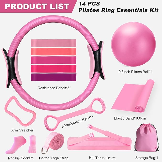Pilates Kit, Home Pilates Essentials Kit for Women, Pilates Equipment Ring and Ball Set, Magic Circle with 5 Resistance Bands, Hip Thrust Belt & Accessories, Toning Fitness Starter Set