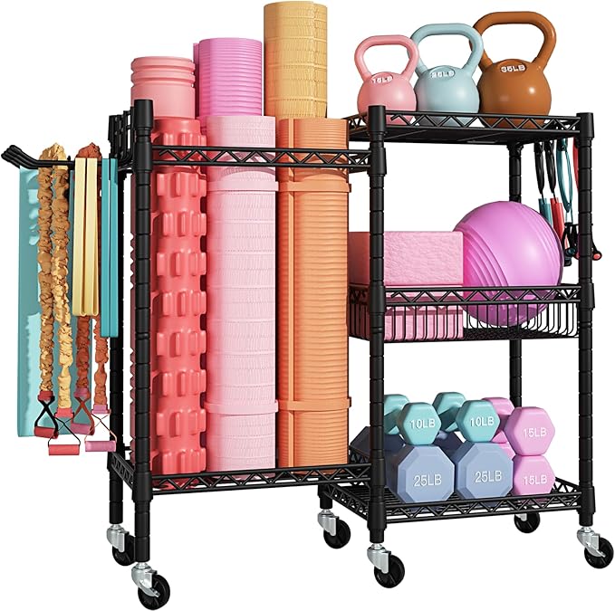 FUTASSI Home Gym Storage, 3 Tiers Workout Equipment Organizer with Wheels for Yoga Mats, Foam Roller, Dumbbells, Kettlebells, and Resistance Bands