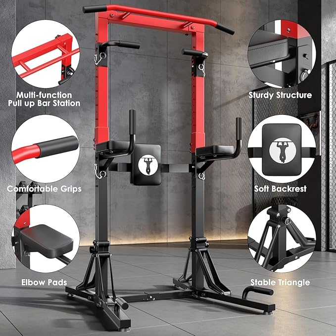 soges Foldable Power Tower, Pull Up Bar Station for Home Gym, Power Tower with Adjustable Height & Padded Armrests, Dip Station for Full Body Workout, Strength Training Equipment, 330 LBS