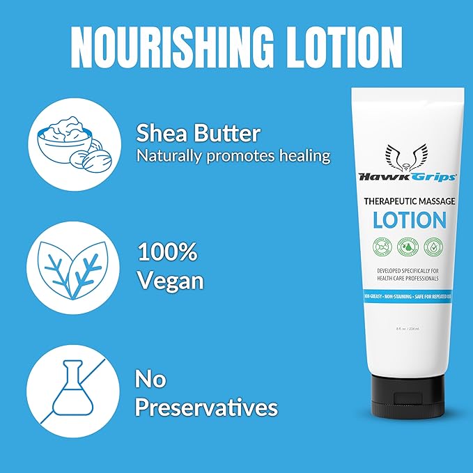 HawkGrips 8oz Therapeutic Massage Lotion for Massage Therapy, Unscented, Professional, Scraper Tool Massage Lotion, Deep Tissue, Cupping Therapy, Non-Greasy, Non-Staining, Shea Butter, Pack of 1