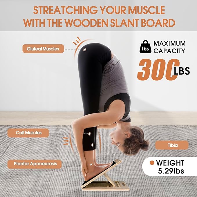 Incline Board for Calf Stretching Exerciser, Wooden Portable Adjustable Angles Slant Board, Anti-Slip Leg Muscle Stretcher for Thigh, Calf, Knee, Feet