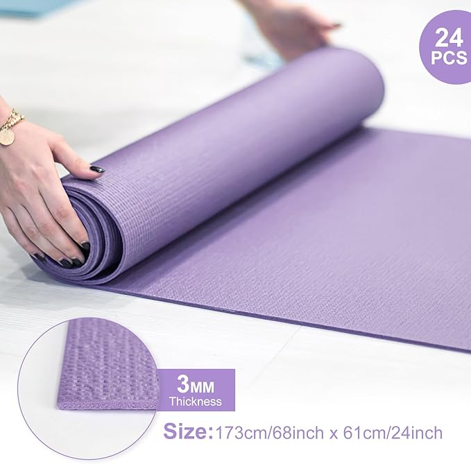 24 Pack 3 mm Thick Yoga Mat Bulk, Non Slip Exercise Workout Fitness Pad for Women Men, Gym Home Yoga Pilates, Easy to Clean, Sturdy PVC
