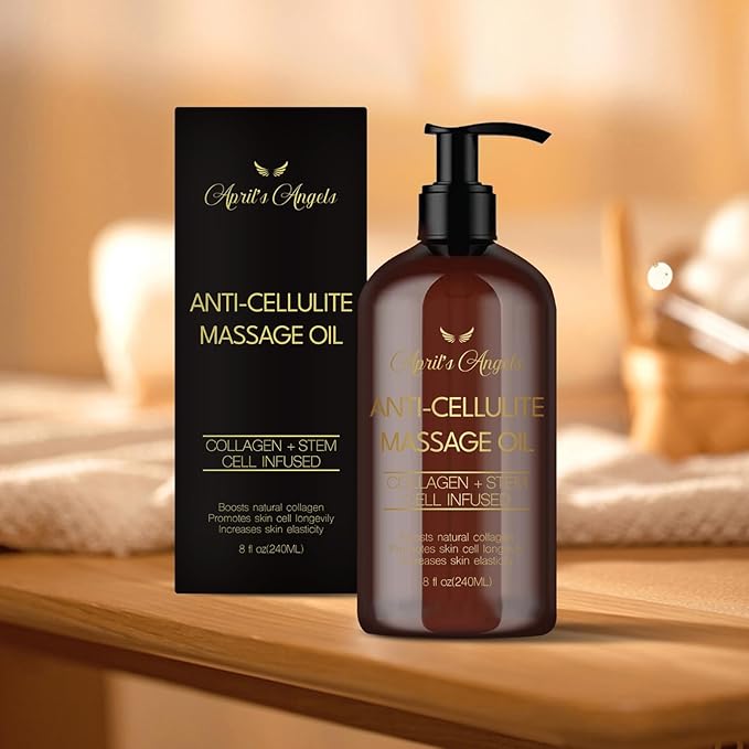 April's Angels Anti-Cellulite Massage Oil with Collagen & Stem Cell Infused. Skin Elasticity, Firmness, Deep Hydration. 8 fl oz