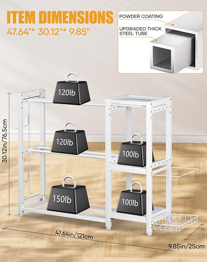3-Tier Dumbbell Rack Stand Only - Adjustable Weight Rack for Home Gym, Heavy-Duty Weight Stand for Dumbbells Kettlebells Foam Roller Yoga Mats, Workout Equipment Storage Organizer With Hooks