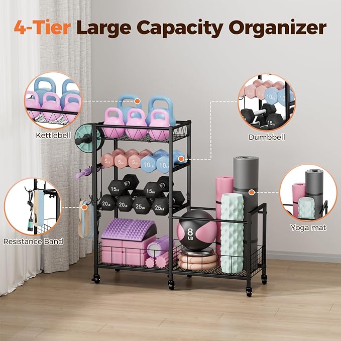 HavenlyYouth Dumbbell Rack, Home Gym Weight Rack Storage, Adjustable Dumbbell Stand Organizer with Wheels, Holds Dumbbells, Kettlebells, Yoga Mats