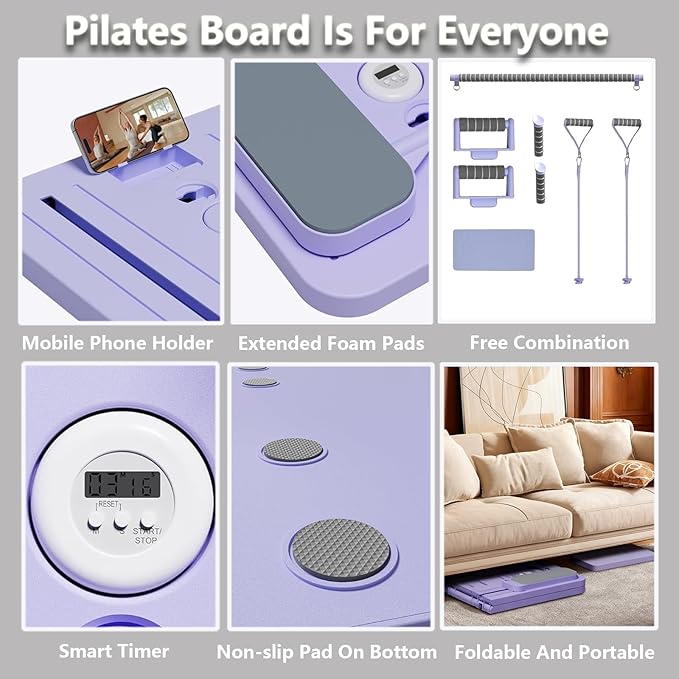 Portable Pilates Reformer Board, Foldable Home Pilates Board kit with Phone Holder and Timer, 8-in-1 Multi-Functional Reformer Pilates Machine