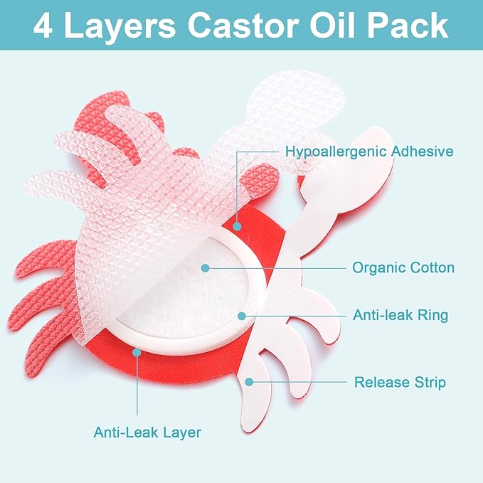 30Pcs Castor Oil Patch for Belly Button with 4oz Organic Castor Oil in Glass Bottle, Castor Oil Pack Belly Button Patches for Stomach Hand Self Adhesive (30pcs Crab Pack with Oil)