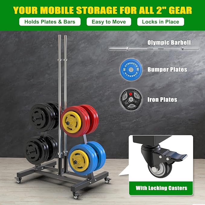 SELEWARE Olympic Weight Plate Tree Rack with 8 Weight Pegs & 2 Barbell Holders, Heavy-Duty Steel Gym Storage Organizer with Locking Wheels for 2 Inch Olympic Plates & Bars