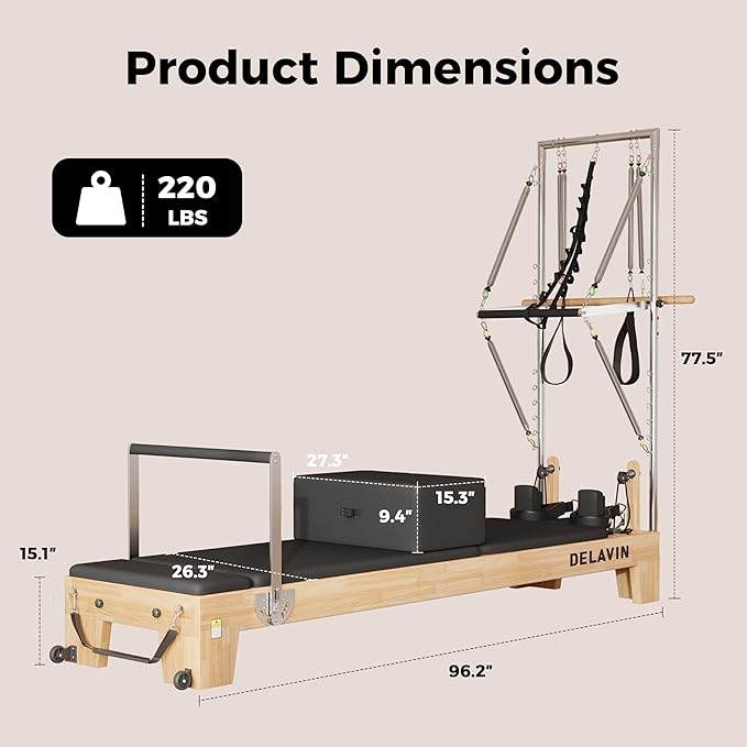 DELAVIN Pilates Reformer with Tower, Pilates Machines with Springs, Sitting Box, Jump Board and Accessories, Solid Wooden Pilates Equipment for Studio, Gym and Home Workout (FBA)