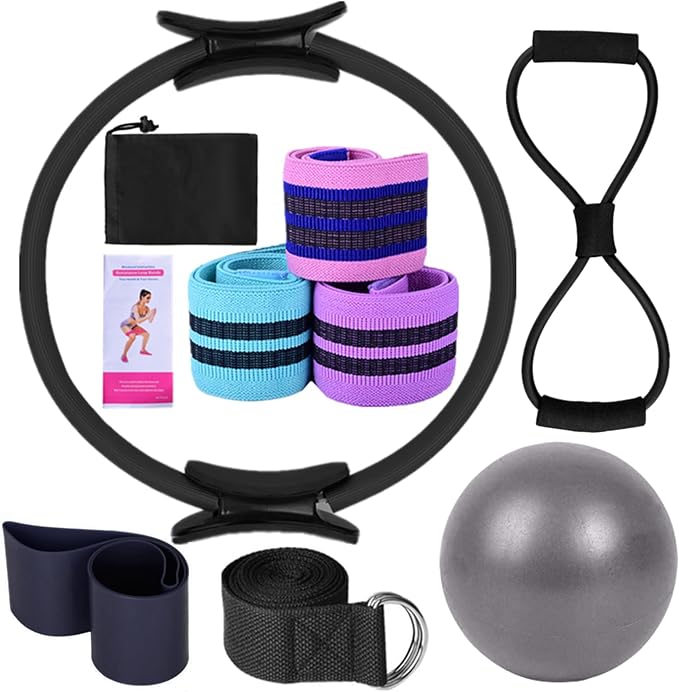 Yoga Sets for Women Pilates at Home Equipment Pilates Magic Ring Booty Bands for Working Out Glutes Yoga Ball 25cm Figure 8 Resistance Band Yoga Bands for Stretching
