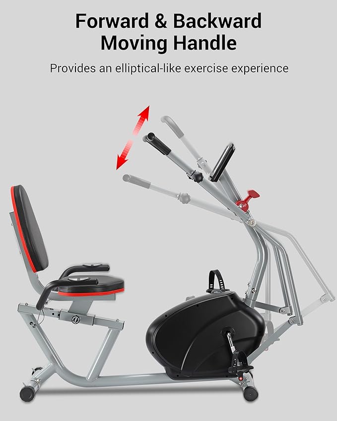 ECHANFIT Recumbent Exercise Bike with Arm Exerciser for Home - Elliptical Recumbent Cross Trainer with Backlit Display, Pulse Sensor, 8-Level Magnetic Resistance, 380LBS Weight Capacity