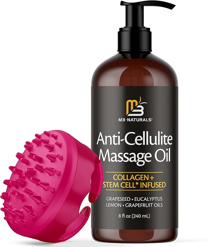Anti Cellulite Massage Oil and Silicone Body Brush – Collagen and Stem Cell Skin Tightening Formula for Smoothing and Firming, 8 fl oz by M3
