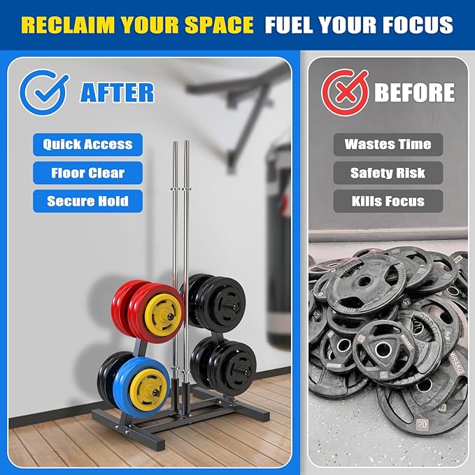 Kipika Weight Plate Tree Rack, Weight Holder for 2 inch Olympic Weight Plate & 2 Barbell Holders, Heavy Duty Bumper Plate Storage Organizer for Home Gym with Optional Wheels