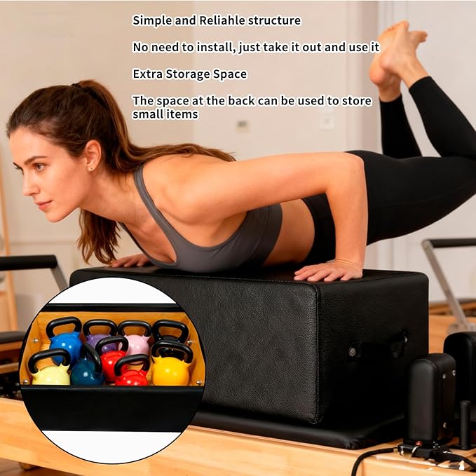 Pilates Sitting Box for Pilates Reformer: Pilates Box Leather Cover Foam Padding Wood Frame, Pilates Reformer Sit Box with Pilates Exercises for Gym Home