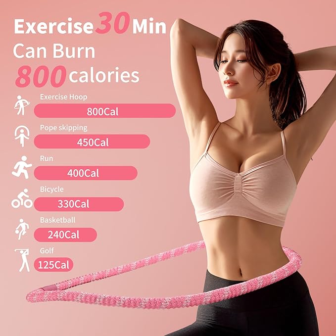 3.3 lbs Spring Soft Hula Hoop for Adults, Foldable Weighted Fitness Hoop with Video Tutorial, Soft Material Protects Lower Back, Home & Travel Workout