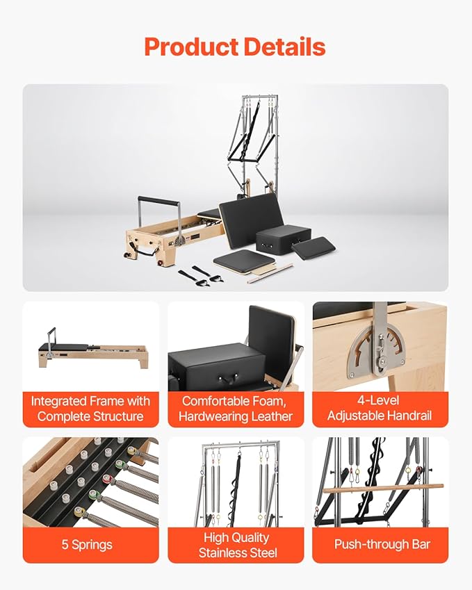VEVOR Pilates Reformer Machine, Pilates Workout Equipment for Home Gym Studio Use, Pilates Reformer with Sitting Box and Jumpboard，fit for Beginners & Advanced Users