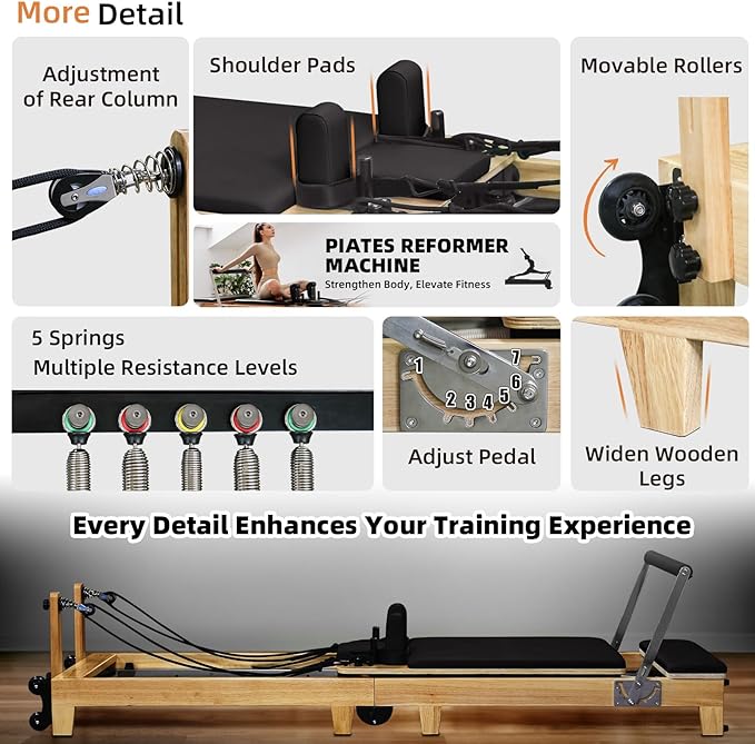 Foldable Pilates Reformer & Equipment for Home use One-Piece Rubber Wood Foldable Reformer Pilates Machine, Pilates Bed for Studio Home Gym Yoga Workout Mute Pilates Chair( Black)