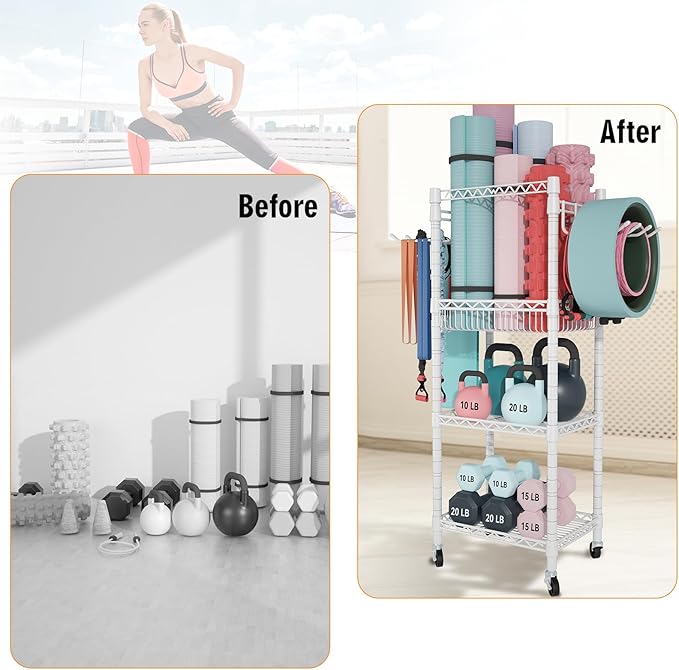 FUTASSI Home Gym Storage, 3 Tiers Workout Equipment Organizer with Wheels for Yoga Mats, Foam Roller, Dumbbells, Kettlebells, and Resistance Bands