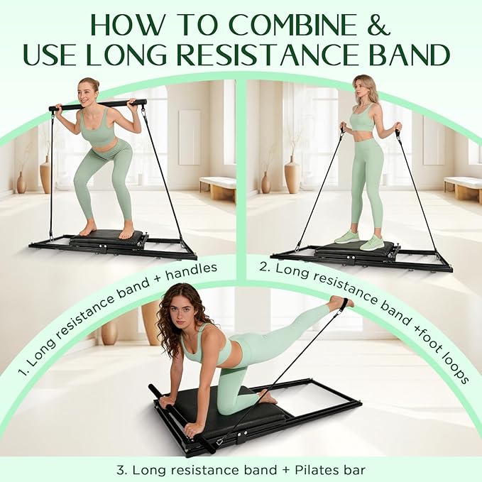 Pilates Board, Foldable Pilates Reformer Set, Multi-Purpose Iron Extended Pilate Equipment, 7-in-1 Pilate Machines for Home Use, with Pilates Bar, Resistance Bands