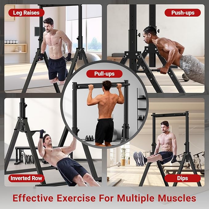 Folding Power Tower Dip Station Pull Up Bar, Multifunctional Pull Up Tower Adjustable Height, Triangular Structure Strength Training Workout Equipment for Home Gym Fitness