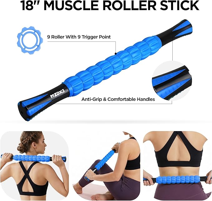 Muscle Roller & Massage Roller Stick for Athletes - Lymphatic Drainage Support, Relieves Muscle Soreness, Cramping & Tightness - Targets Legs, Arms, Back & Calves （Blue - 18inch）