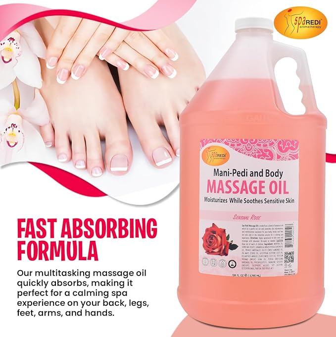 SPA REDI - Sensual Rose Massage Oil, 128 Oz - Professional Pedicure, Manicure & Full Body Therapy, Blend of Almond, Cotton Seed, Sunflower & Avocado Oils, Infused with Essential Oils & Vitamin E