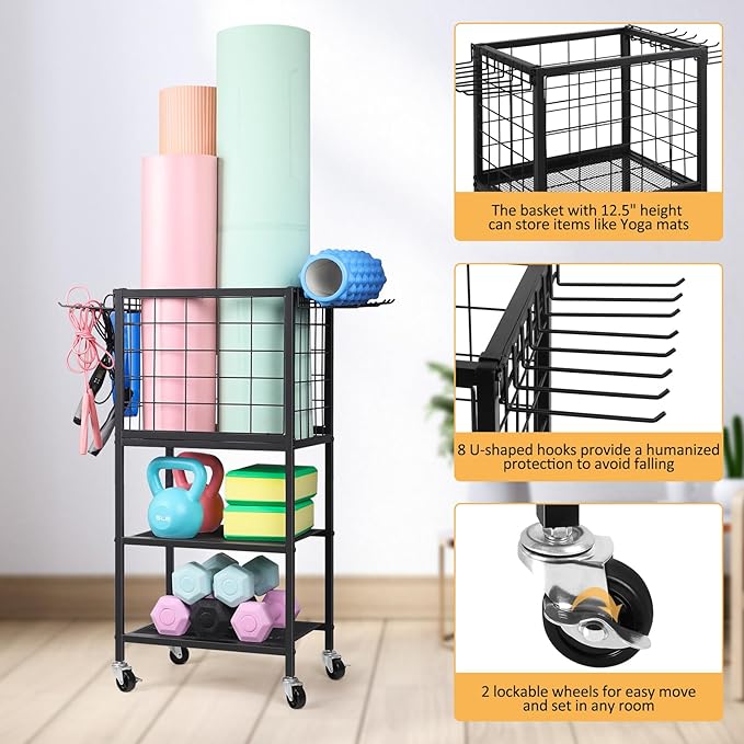 ETELI Yoga Mat Storage Rack Home Gym Workout Equipment Storage Cart with Hooks Wheels Small Metal Weight Rack for Dumbbells, Kettlebells, Foam Rollers, Resistance Bands, Yoga Block
