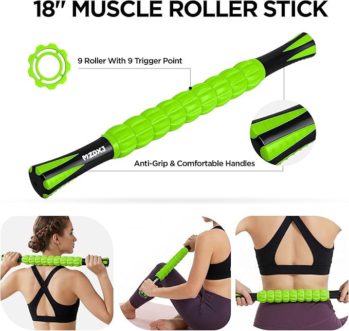 Muscle Roller & Massage Roller Stick for Athletes - Lymphatic Drainage Support, Relieves Muscle Soreness, Cramping & Tightness - Targets Legs, Arms, Back & Calves （Green - 18inch）