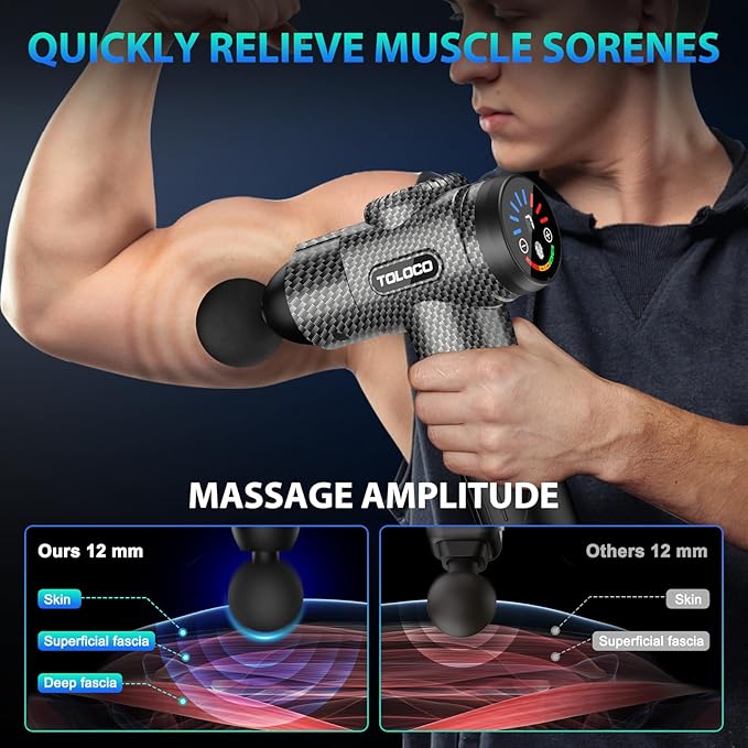 TOLOCO Massage Gun, Deep Tissue Back Massage for Athletes for Pain Relief, Percussion Massager with 10 Massages Heads & Silent Brushless Motor, Valentines Day Gifts for Him Her, Carbon