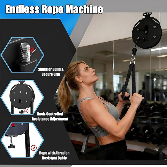 Endless Rope Trainer, Portable Cable Pulley System, Adjustable Tricep Rope Attachment, 30kg Max Resistance, Full Body Workout & Strength Training for Grip,Arms,Back,Body Coordination Exercises