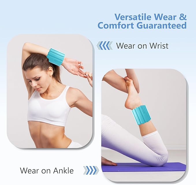 Wrist and Ankle Weights for Women & Men 2 Pack (1lb Each), Adjustable Silicone Wearable Arm & Leg Weights for Pilates, Gym, Yoga, Cardio, Strength Training