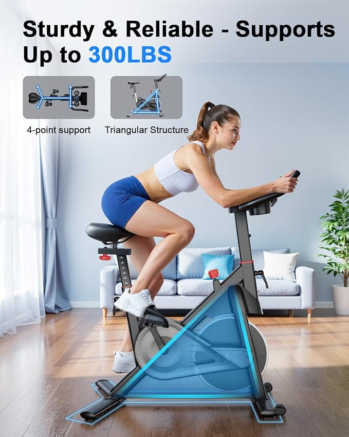 Superun Exercise Bike, Stationary Bikes for Home with Brake Pad, Low Noise Spin Bike with 300LBS Weight Capacity, Indoor Cycling for Home Gym with Pad Mount LCD Monitor and Cup Holder