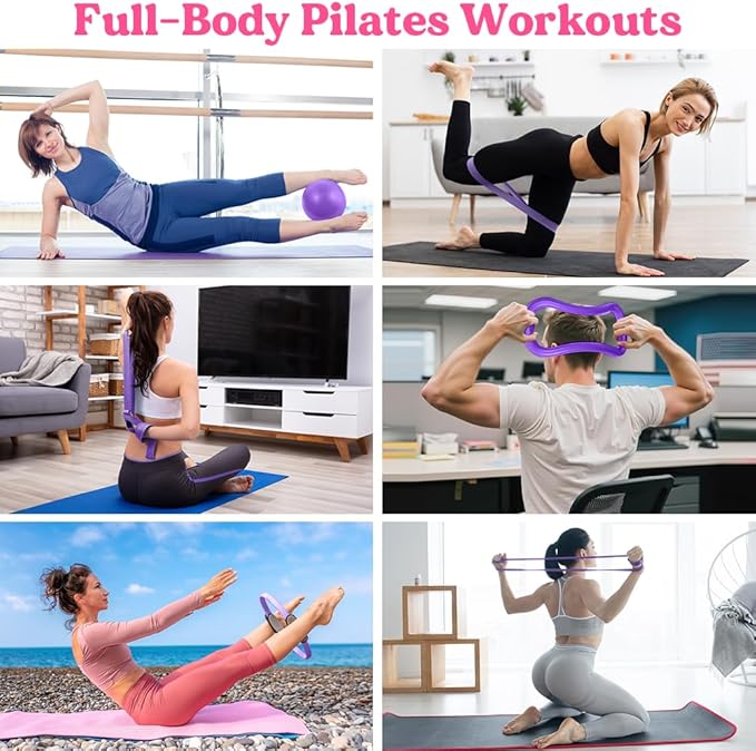 Pilates Ring 13 Piece Set,Pilates Kit for Women Exercise Equipment Accessories Deformation Magic Circle with Padded Handles, Workouts Ball, Guide & Bag, Resistance Bands for Legs Arms and Thighs