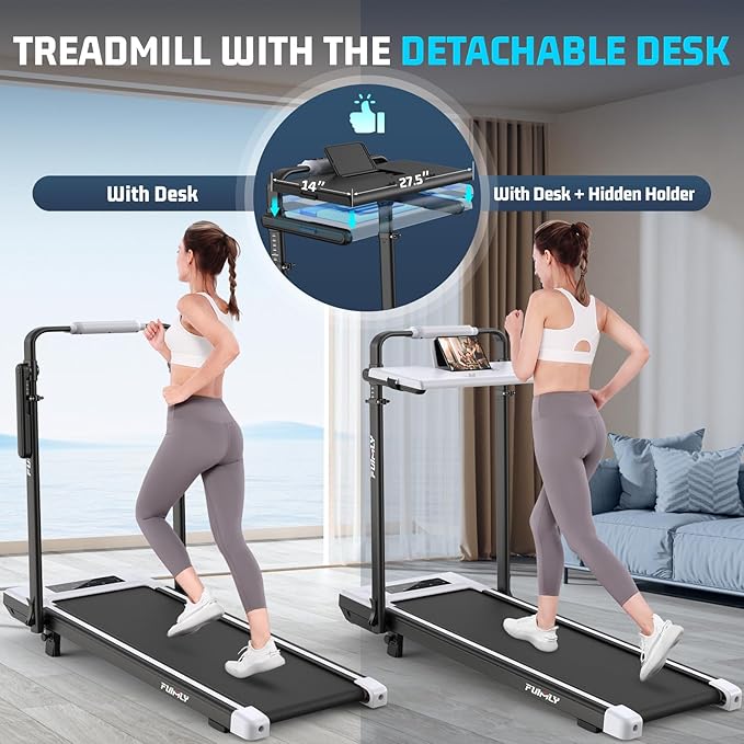 Walking Pad Treadmill with Desk Workstation, 15% Incline Treadmill with Handle Bar, Foldable Treadmills Under Desk for Home/Office, 400 lbs+ Capacity, Adjustable Height, Removable Desk, 3.5HP Motor