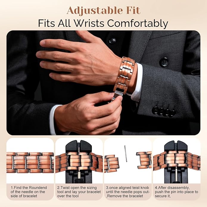 JEROOT Men's 99.99% Pure Copper Magnetic Bracelet, 3500 Gauss Magnets Adjustable with Sizing Tool