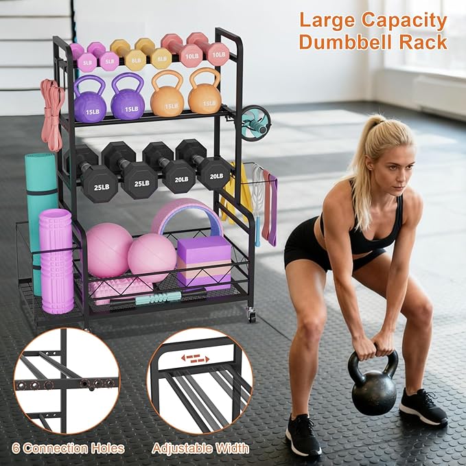 Dumbbell Rack, Adjustable Weight Rack for Home Gym Storage with 4 Wheels, Side Basket, Hooks, Multipurpose Metal Dumbbell Stand for Kettlebells, Yoga Gear, Strength Training Equipment, Black
