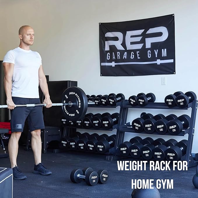 Rep Fitness Dumbbell Rack | 3-Tier Compact Holder | Fits Sets 5-50 lb | Weight Storage Stand | Rubber Hex Organizer | Free Weights Shelf | Heavy Duty Steel Frame | Gym Equipment for Home