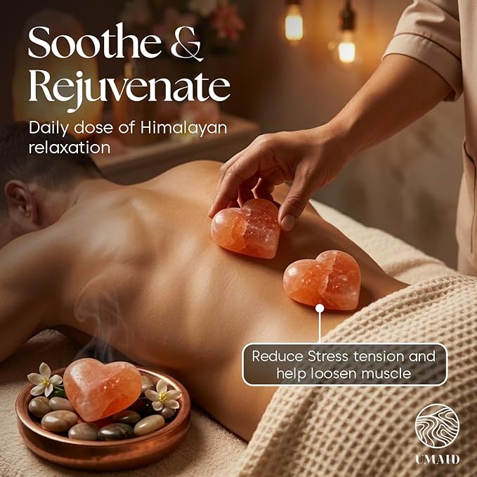 UMAID Himalayan Salt Massage Stones Heart Shape 6 Pack with Cotton Storage Bag – Natural Deodorant, Massage Stones, Hot & Cold Therapy, Muscle Relief, Spa Use