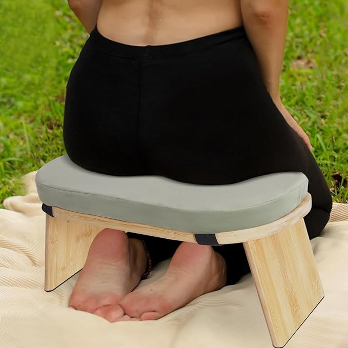 LYNICESHOP Meditation Bench,Foldable and Ergonomic Meditation Stool for Yoga and Prayer, Portable Kneeling Bench with Cushion,Comfortable Seiza and Cross-Legged Sitting (Coffee/Gray/Green) (Green)