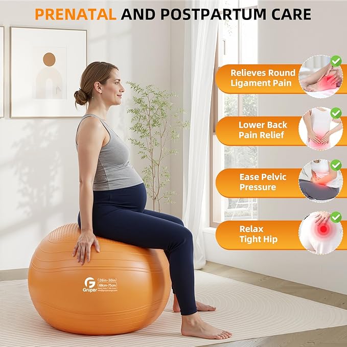 Gruper Yoga Ball, Extra Thick Non Slip Exercise Ball for Workout, Birthing, Balance, Stability, Pregnancy, 4 Sizes Anti Burst Chair for Home and Office, Includes Quick Pump & Fitness Guide