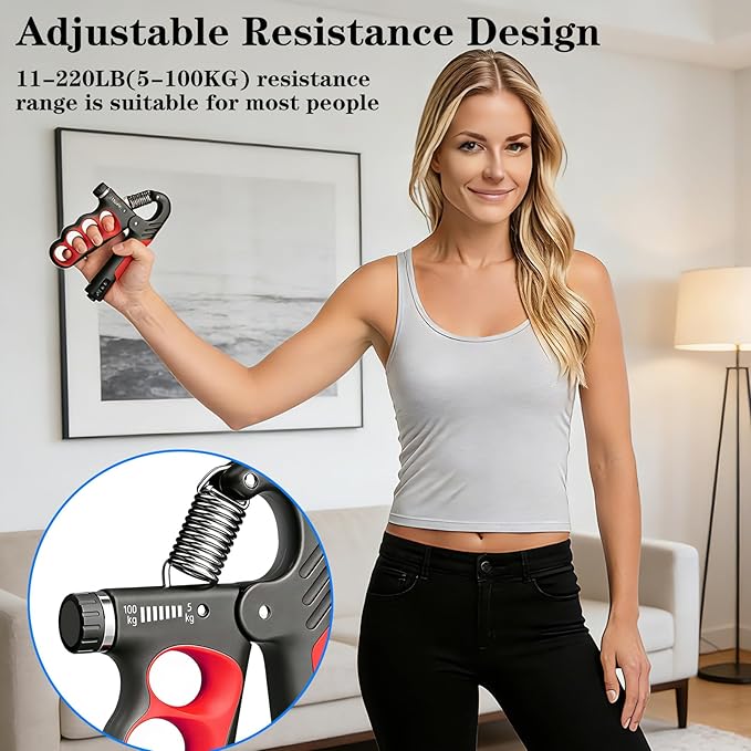 Hand Gripper Strengthener, 11-220LBs Adjustable Resistance Grip Strength Trainer with Counter, Forearm Exerciser for Injury Recovery and Muscle Building