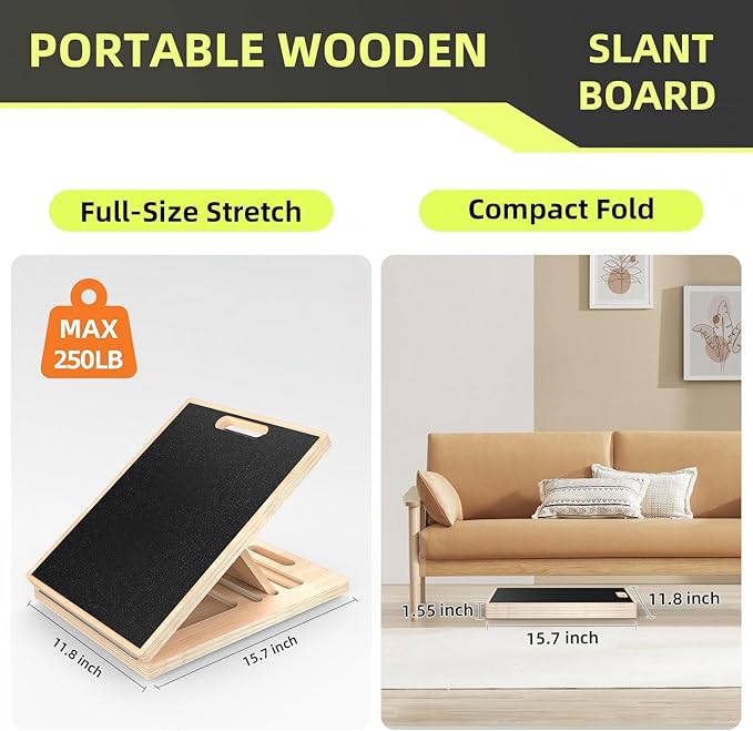 Adjustable Wooden Slant Board for Calf Stretching ,Portable Calf Strecther Incline Board for Knees Ankle Heel Feet Leg,Slanted Board for Physical Therapy