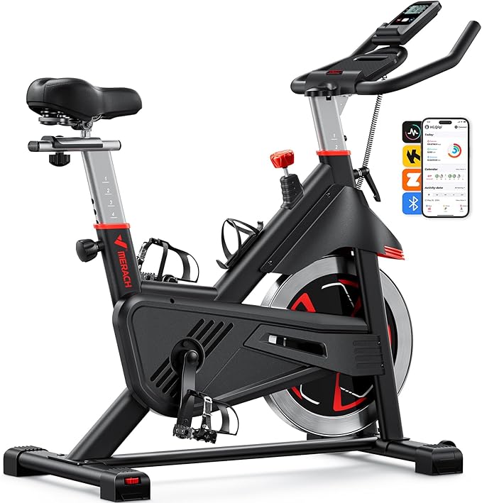 Merach Exercise Bike for Home Gym, Low Noise Stationary Bike with Brake Pad, Indoor Workout Bike with Self-Developed App, Tablet Mount and Fitness Courses for Weight Loss, 300 Lb Weight Capacity